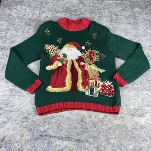 Vintage Tiara International Knit Sweater Womens Small Green Red Christmas Santa